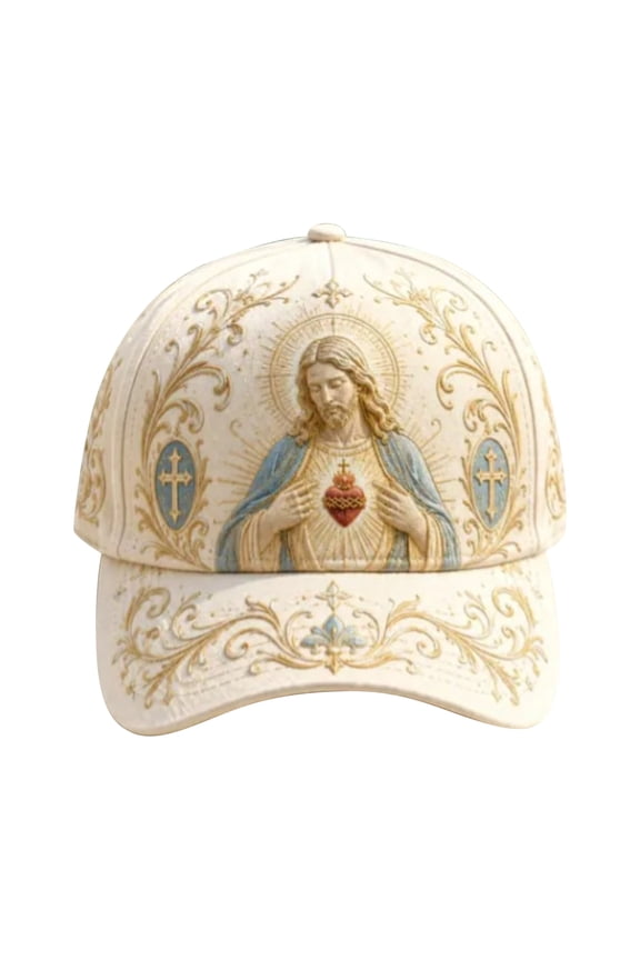 Garden Morning Cap, Jesus Sacred Heart Embroidered Beige Baseball Cap, Casual Lively Adjustable Sun Hat With Cross Accents For Daily Use