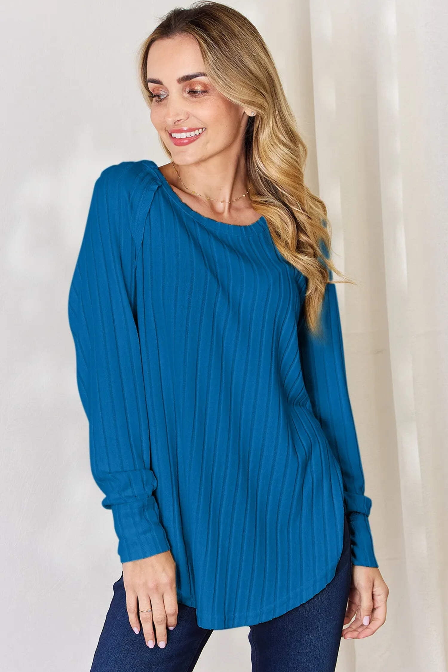 Basic Bae - Chic Ribbed Round Neck Slit Tee