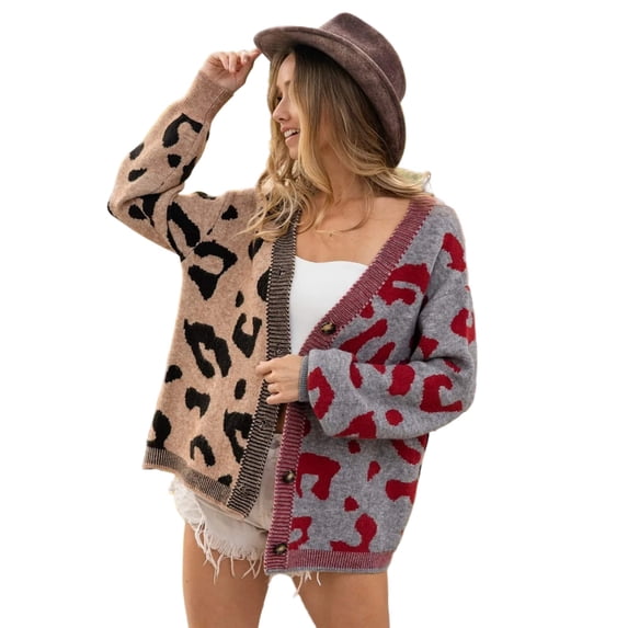 Garden Naked Leopard Color Block Button Down Sweater Cardigan