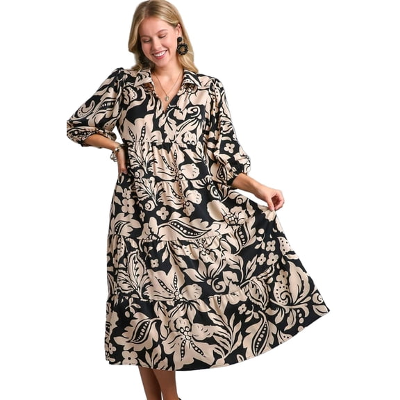 Floral Print Tiered Midi Dress