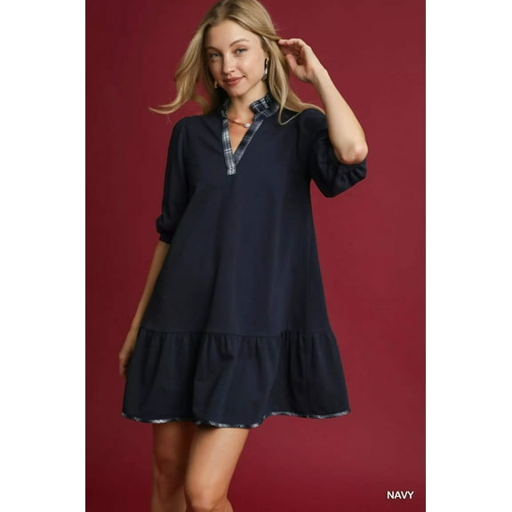 French Terry Ruffle Hem Dress with Plaid Trim