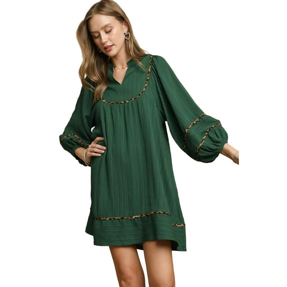 Textured Babydoll Dress with Leopard Trim