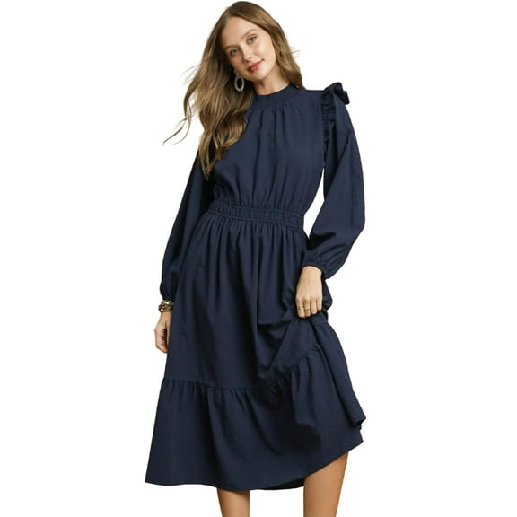 Garden Naked Umgee Textured Midi Dress with Ruffle Shoulder Detail