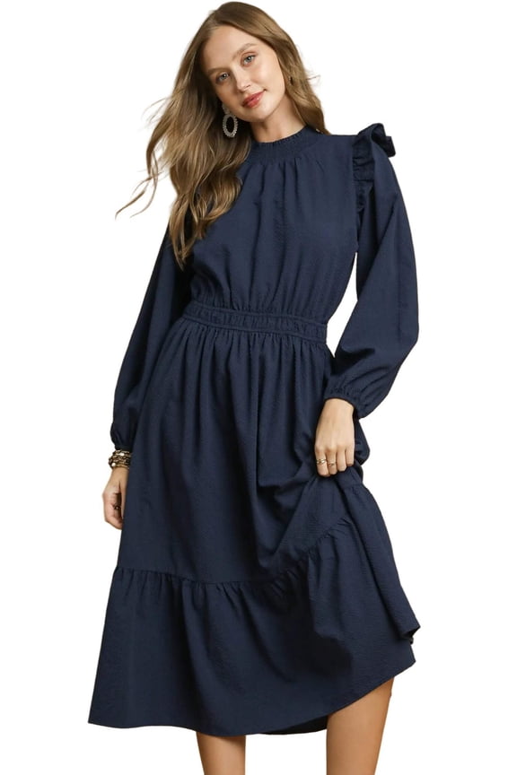 Garden Naked Textured Midi Dress with Ruffle Shoulder Detail