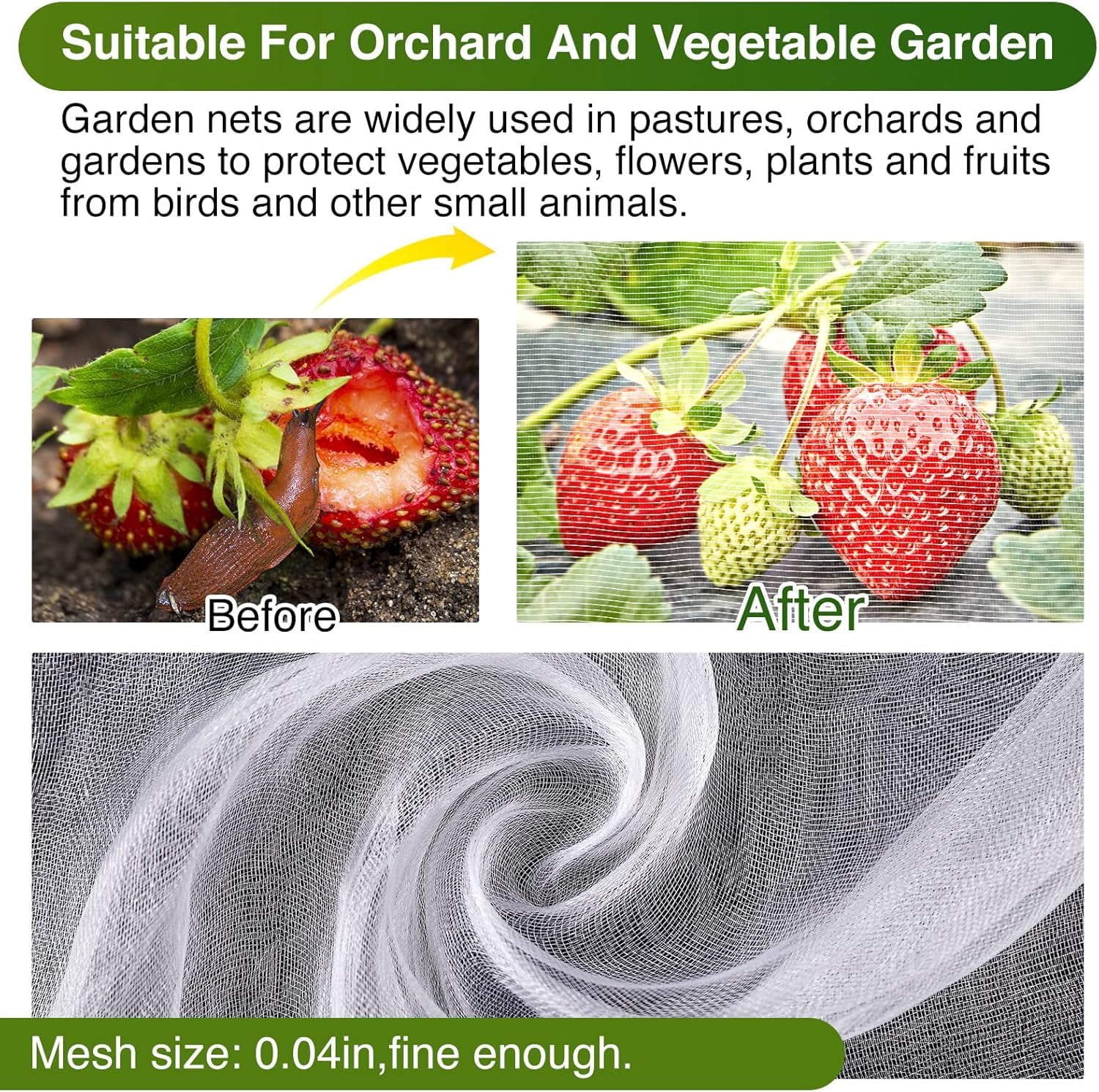 Garden Netting 10' x 50' Ultra Fine Mesh Bird Netting for Garden Insect Mosquito Net for Patio Protection Pests Bugs Plant Covers for Vegetable Plants Fruit Trees Berry Bushes Raised Beds