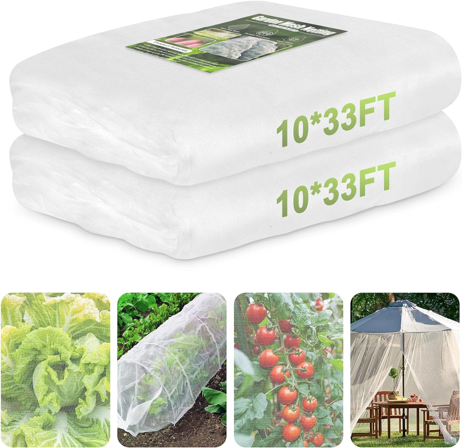Garden Netting, 2 Pack 10x33Ft Ultra Fine Mesh Netting Pest Barrier Protection Bird Mosquito Net Plants Cover for Vegetables Fruits Flowers Crops Greenhouse Row Cover Raised Bed Patio