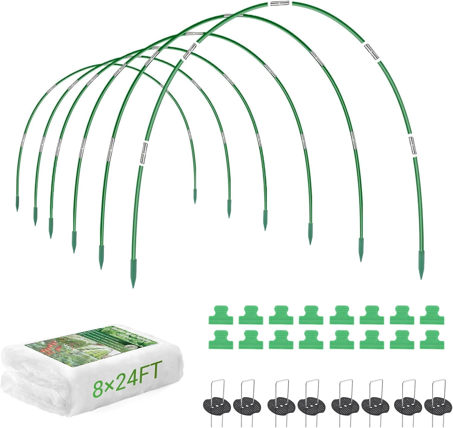 Garden Netting Kit, 8 x 24 ft Fruit Tree Mesh Netting with 5 Sets Fiberglass Garden Hoops & 20 Clips, Insect Bird Barrier Cover for Vegetable, Fruit, Flowers Protection, White