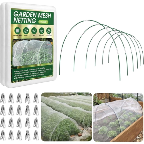 Garden Netting Kit for Raised Beds, 10x30FT Ultra Fine Mesh Netting& 6 Sets of 8FT Fiberglass Garden Hoops, Row Cover Insect Netting for Vegetable Plant Fruit Flowers Protection