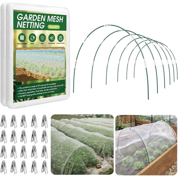 Garden Netting Kit for Raised Beds, 10x50FT Ultra Fine Mesh Netting 6 Sets of 8FT Fiberglass Garden Hoops, Row Cover Insect Netting for Vegetable Plant Fruit Flowers Protection