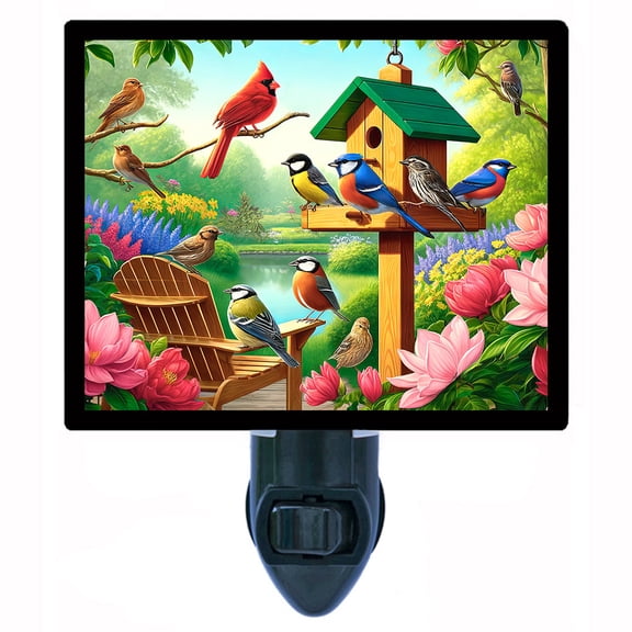 Garden Oasis Night Light – Colorful Birds and Flowers by Birdhouse Spring Nature Décor with Free Switchable Insert