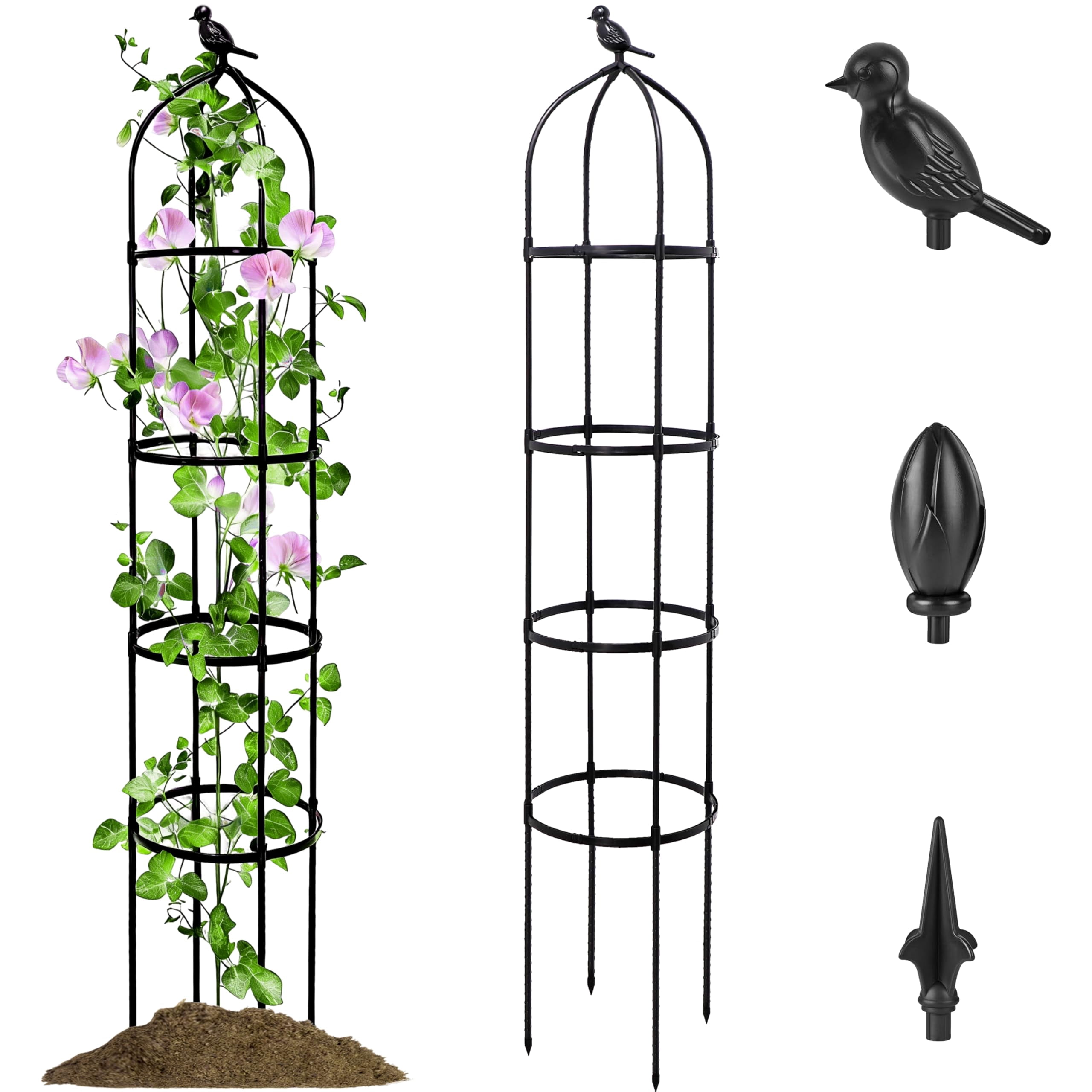 Garden Obelisk Trellis 6FT Adjustable Metal Climbing Plant Support with Decorative Tops Rustproof Outdoor Frame for Roses Tomatoes Vines