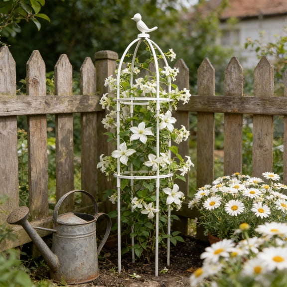 Garden Obelisk Trellis for Climbing Plants Outdoor - 37"(H), Rustproof Trellis with Adjustable Rings, Metal Plant Support for Potted Vines, Garden Trellis Use for Outdoor or Indoor(1 Pack, White)