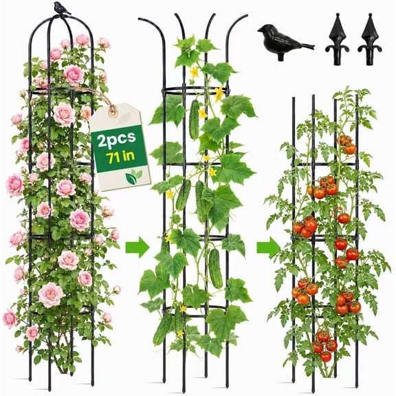 Garden Obelisk Trellis for Climbing Plants Outdoor, 6 ft Tall Roses Clematis Jasmine Ivy Flower Light Vines Potted Plant Support, Patio, Yard, Black, 2PCS