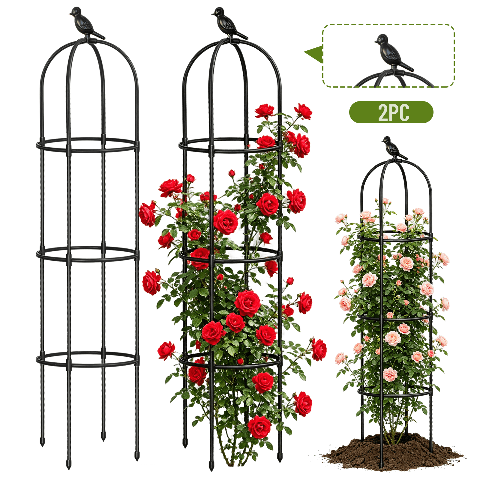 Garden Obelisk Trellis for Climbing Plants Outdoor,63in Tomato Cage, Rose, Flowers, Grape, Pea, Cucumber Trellis, Rustproof Plastic Coated Metal Plant Support Trellis for Potted Plants (2 Pack)
