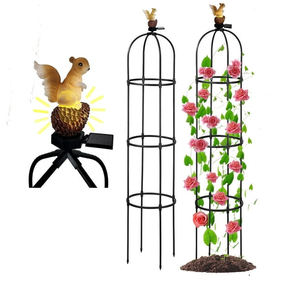 Garden Obelisk Trellis for Climbing Plants Outdoor, Rose Bush Round Trellis with Squirrel Head Auto Sensor Solar Light Tomato Plant Support for Raised Beds Vines Cucumbers Tomato Cage 59'' High,I Pack