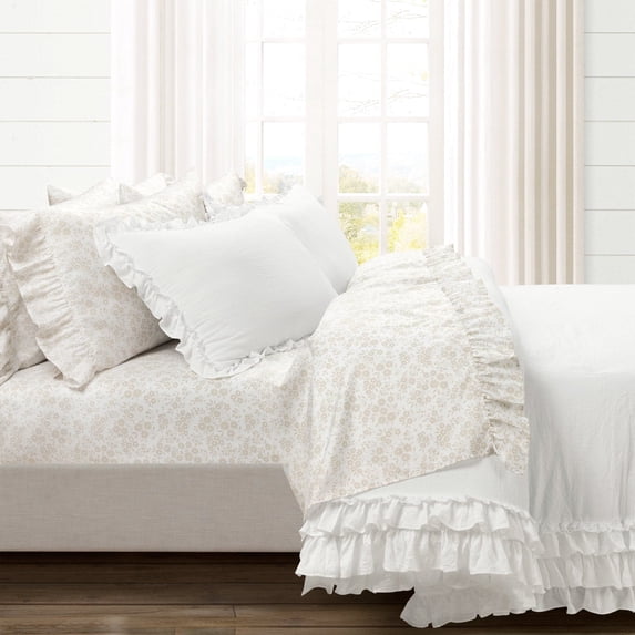 Garden Of Flowers Ruffle Sheet Set Neutral/White 4Pc Set Twin-Xl