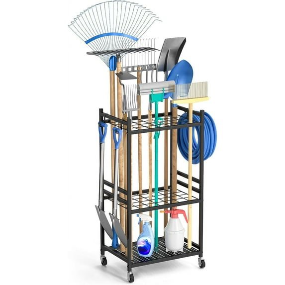 Garden Organizer With Wheels, Yard Tower Rack for Garage Storage, Up to 35 Long-Handled Tools, Sturdy Metal Steel Holder With 3 Hooks, Outdoor, Black