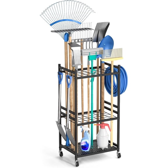 Garden Organizer With Wheels, Yard Tower Rack for Garage Storage, Up to 35 Long-Handled Tools, Sturdy Metal Steel Holder With 3 Hooks, Outdoor, Black