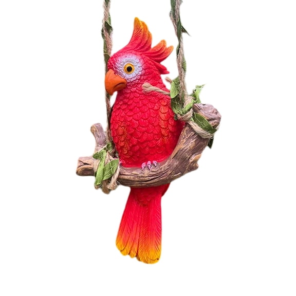 Garden Ornaments Outdoor Hanging Parrot Statue, 5.51x3.74x1.57 Inch Red Resin Bird Figurine, Tropical Patio Tree Decor Yard Art with Jute Rope Swing, YDYB