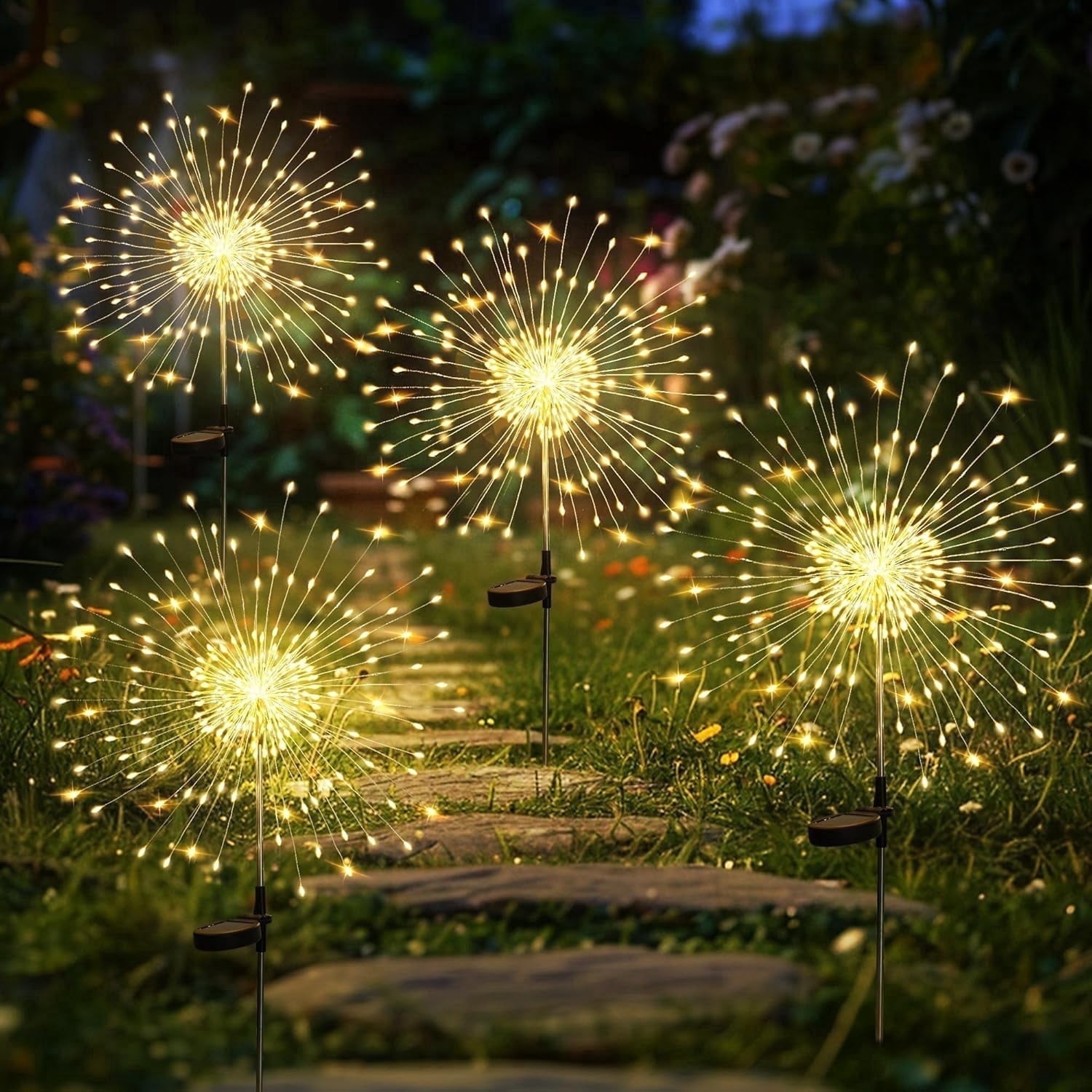 Garden Outdoor Decor Lights 120 LED 4 Pack, Firework Solar Garden Lights for Yard Outside Fairy Decorative,Solar Powered for Yard Pathway Flowerbed Planter Balcony Patio Decor