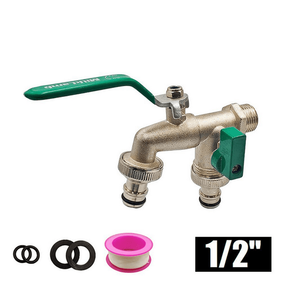 Garden Outdoor Double 3/4" 1/2" BSP Outlets Tap Ball Valve Faucet Brass Nickle