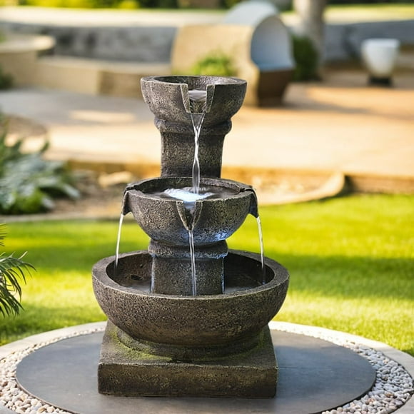 Indoor Floor Standing Water Fountain 3-Tiers Waterfall Outdoor Garden Fountains with LED Lights for Patio, Porch, Home Art Decor