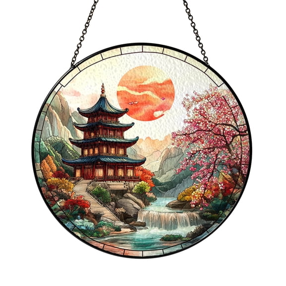 Garden Pagoda Stained Glass Suncatcher, Decorative Zen Landscape Window Hanging Panel Gift