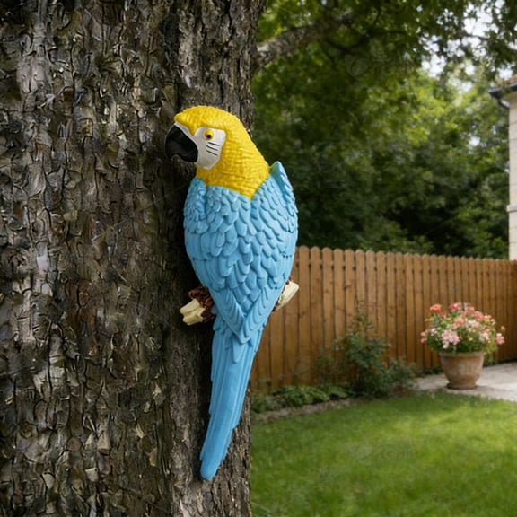 Garden Parrot Statue Tree Hanging Resin Bird Sculpture, Vibrant Tropical Macaw Ornament for Outdoor Yard Patio Balcony Decorative Animal Art Figurine Blue