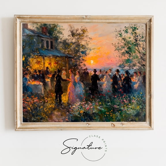 Garden Party At Sunset, Vibrant Evening Scene, Social Gathering Artwork, Colorful And Beautiful Sunset Wall Art, 850 Home Decor, 8x12 UNFRAMED
