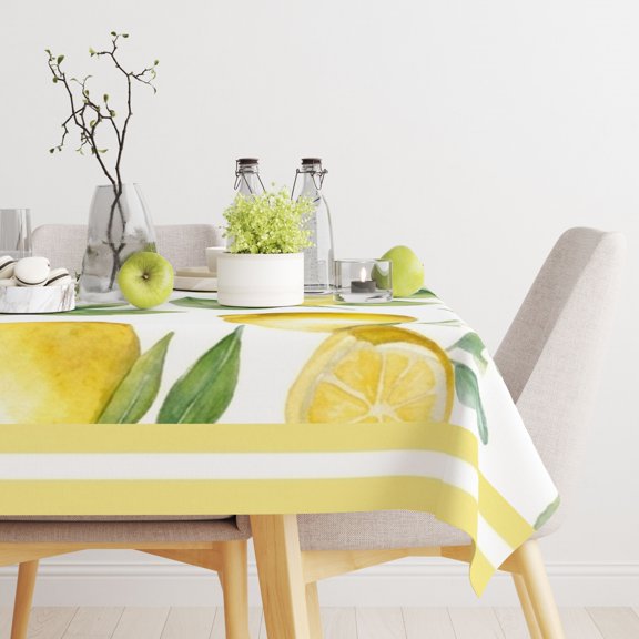 Garden Party Cream Lemon Floral Rectangle Tablecloth, Fresh Farmhouse Cover, Easy Clean Cloth for Kitchen Outdoor Summer Picnic Home Decor