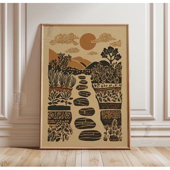 Garden Path Poster Stepping Stones Landscape Linocut Style Art Decor, Unframed Poster