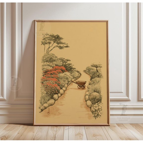 Garden Path Poster Wheelbarrow Scene Rustic Landscape Wall Art Decor, Unframed Poster