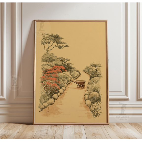 Garden Path Poster Wheelbarrow Scene Rustic Landscape Wall Art Print