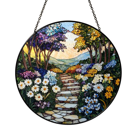 Garden Path Stained Glass Window Hanging, Floral Nature Scene With Relaxing Spring Home Decor