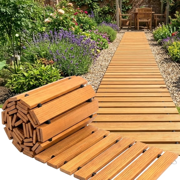 Garden Pathway, 12ft Wooden Walkway Rollout, Non-Slip Outdoor Path for Pool, Yard, Patio, 17in Wide with 12 Stakes, Nutaral Landscaping Edging