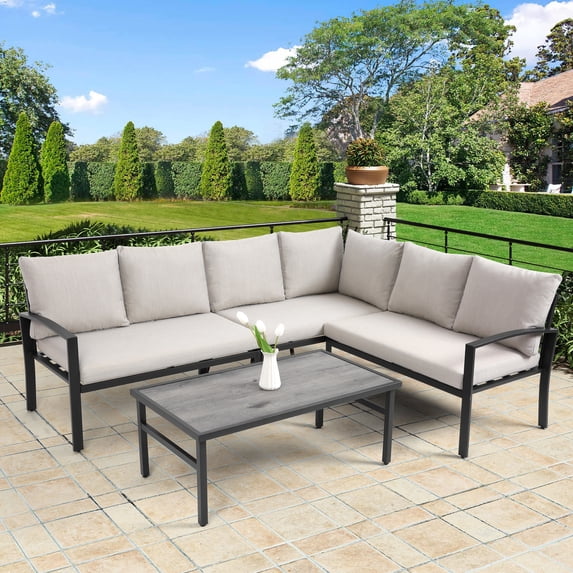 Garden Patio Conversation Sets for Family, 4 Piece Sectional Sofa Seating Group Set with Cushions and Table, Elegance Conversation Furniture for Backyard, Poolside, Porch, 260lbs, S6014