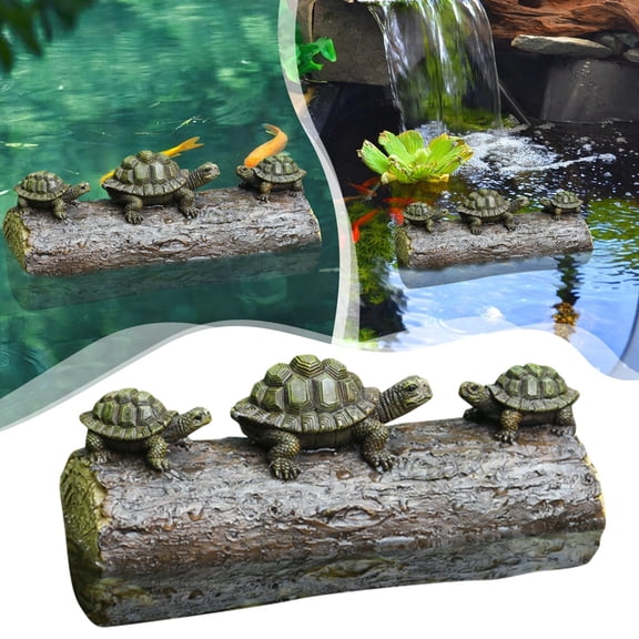 Garden Patio Pond Fish Tank Decor Aquarium Ornament - 3 Turtle Figurines On Floating Log, Realistic Sculpture For Outdoor Garden, Indoor Fish Tank, Water Feature Decoration