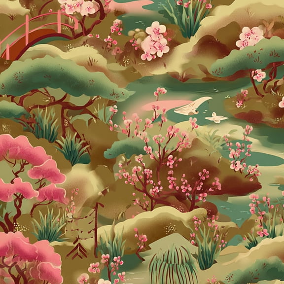 Garden Peel and Stick Wallpaper 17.7in x 9.8ft Serene Japanese Garden Cherry Blossoms Tranquil Stream Contact Paper Vinyl Waterproof Self Adhesive Wall Paper for Bedroom Shelf Cabinet Renter Friendly