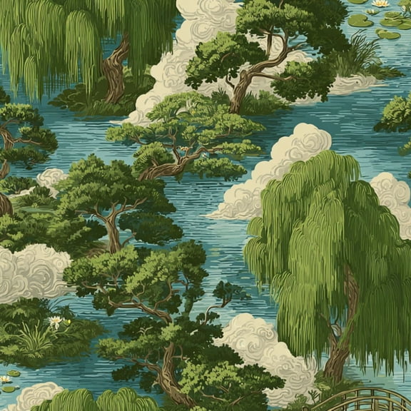 Garden Peel and Stick Wallpaper 17.7in x 9.8ft Traditional Landscape Willow Trees Clouds Tranquil Contact Paper Vinyl Waterproof Self Adhesive Wall Paper for Bedroom Shelf Cabinet Renter Friendly