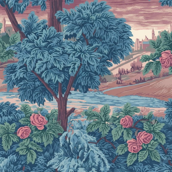 Garden Peel and Stick Wallpaper 17.7in x 9.8ft Vintage Floral Landscape Blue Trees Pink Roses Contact Paper Vinyl Waterproof Self Adhesive Wall Paper for Bedroom Shelf Cabinet Renter Friendly