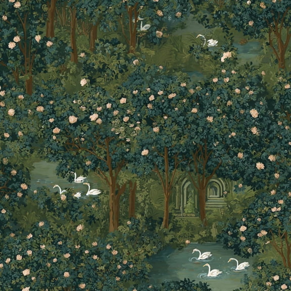 Garden Peel and Stick Wallpaper 23.6in x 9.8ft Vintage Floral Garden Swans Tranquil Pond Forest Contact Paper Vinyl Waterproof Self Adhesive Wall Paper for Bedroom Shelf Cabinet Renter Friendly