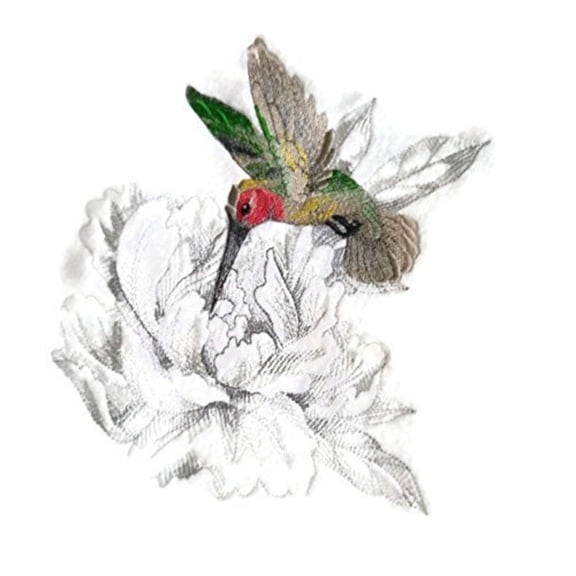 Garden Peony and Hummingbird Embroidery Iron On/Sew Patch [7.62" x 6.88"]
