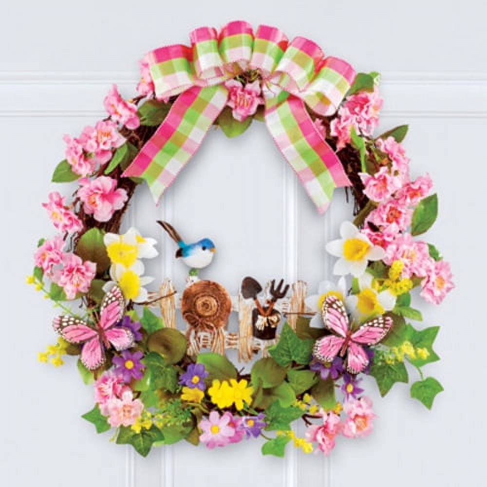 Garden Picket Fence Floral Wreath with Plaid Bow