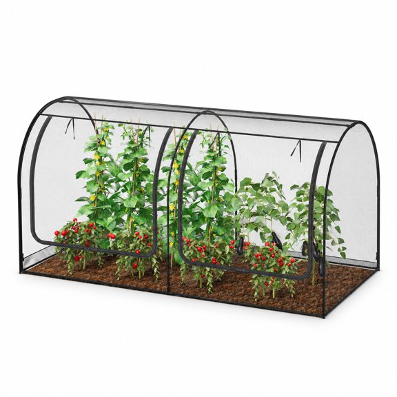 Garden Plant Netting Mesh Cover with Dual Zipper Doors, 98 x 49 x 49in, Black, for Raised Beds and Pet Enclosures