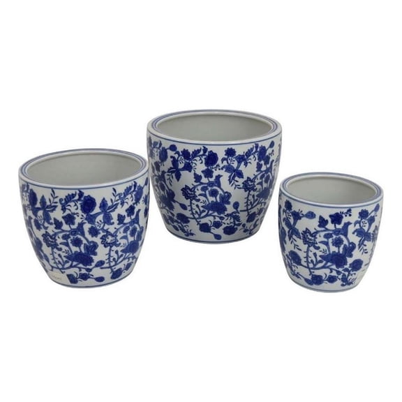 Benjara Garden Planter Set of 3- Classical Ceramic Blue White Floral Pattern