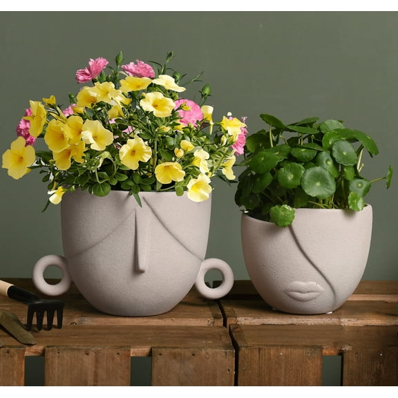 Succulent Face Flower Pots,Set of 2 Indoor/Outdoor Planter Pots with Drainage,Ceramic Head Planters for Home Decor,Brown 5.4" & 4.7"