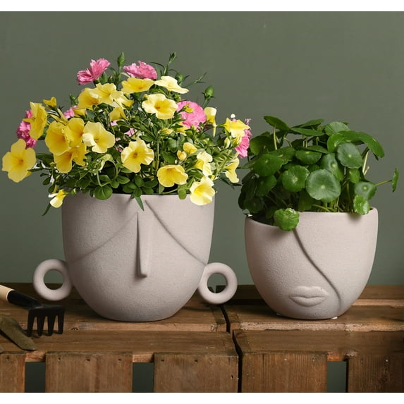 Succulent Face Flower Pots,Set of 2 Indoor/Outdoor Planter Pots with Drainage,Ceramic Head Planters for Home Decor,Brown 5.4" & 4.7"