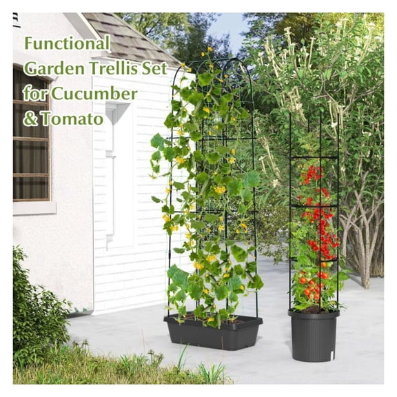 Garden Planters with Trellis 2-Pack, Tomato Cage & Cucumber Trellis for Climbing Plants, Adjustable Height Plant Support, Self-Watering Flower Boxes for Balcony & Garden