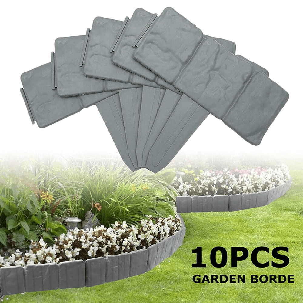 Garden Plastic Fence Edging 10PCS Fence Stone Hammer in Lawn Edging Spring Yard Lawn Garden Plastic Faux Stone Patio Fence Garden Decor Flower Grass Bed Border for Landscaping Walkways- Gray