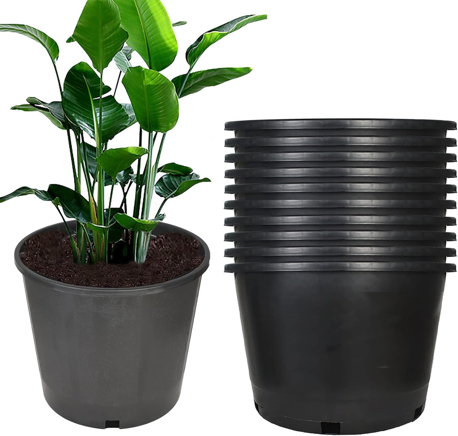 Garden Plastic Planter Nursery Pots 10 Pcs 5 Gallon Round Black
